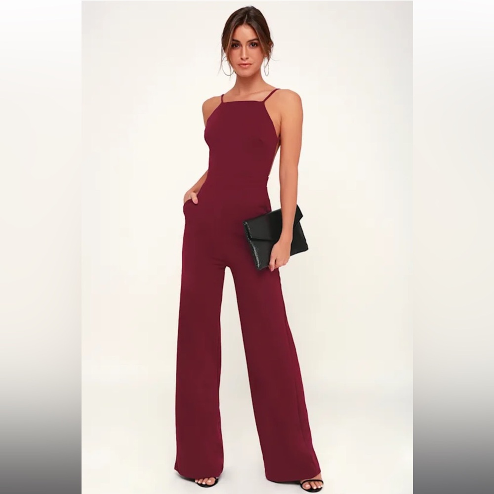 Lulu's Burgundy Spaghetti-Strap Wide-Leg Jumpsuit